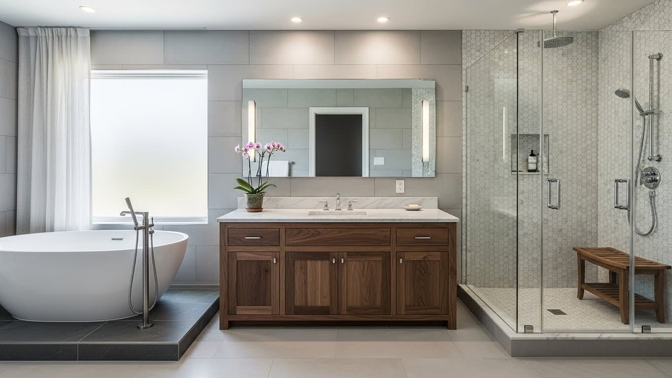 Banheiro planejado com closet integrado madeira clara projeto completo